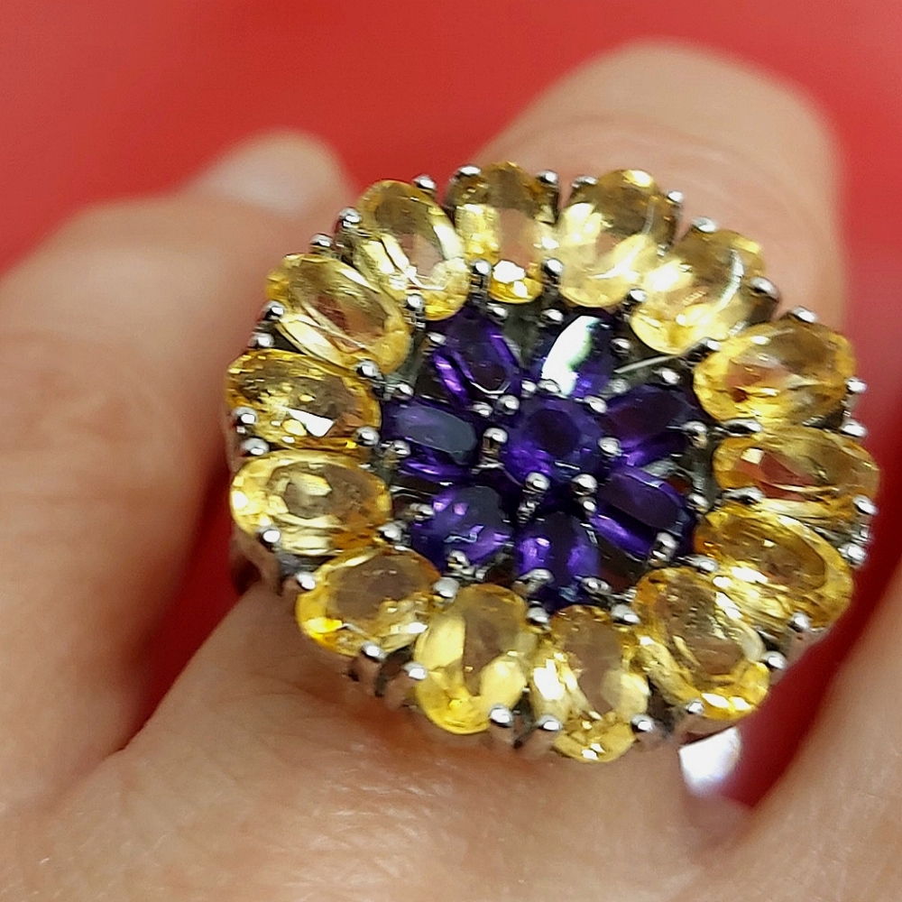 Natural Citrine, Amethyst, Rhodolite Garnet 925 Sterling‎ Silver Ring Size 7.75